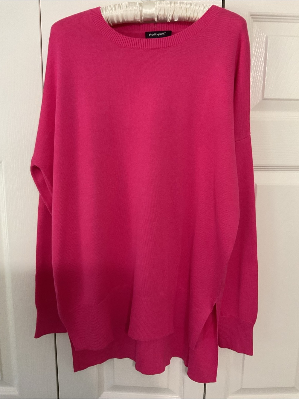 Studio Bright Fuchsia Crewneck Sweater with red heart on elbows